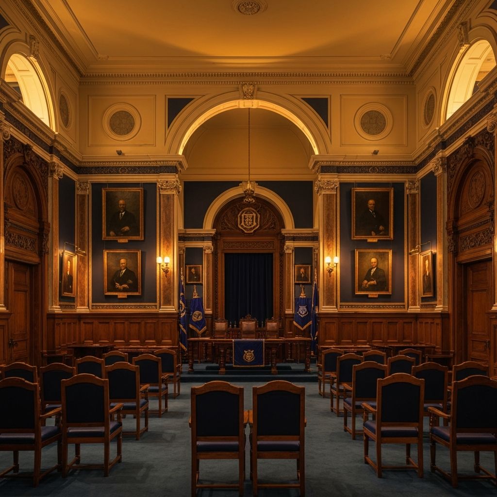 Elegant Masonic lodge meeting room with rich wood paneling and traditional furnishings where Brothers gather for study